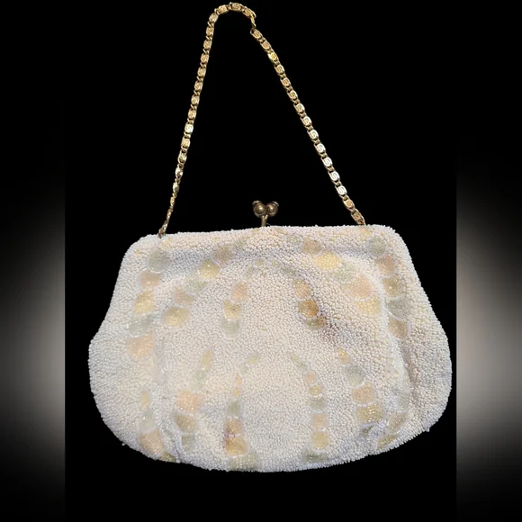 Vintage Cream Beaded Clutch with Gold Chain - Picture 2 of 5